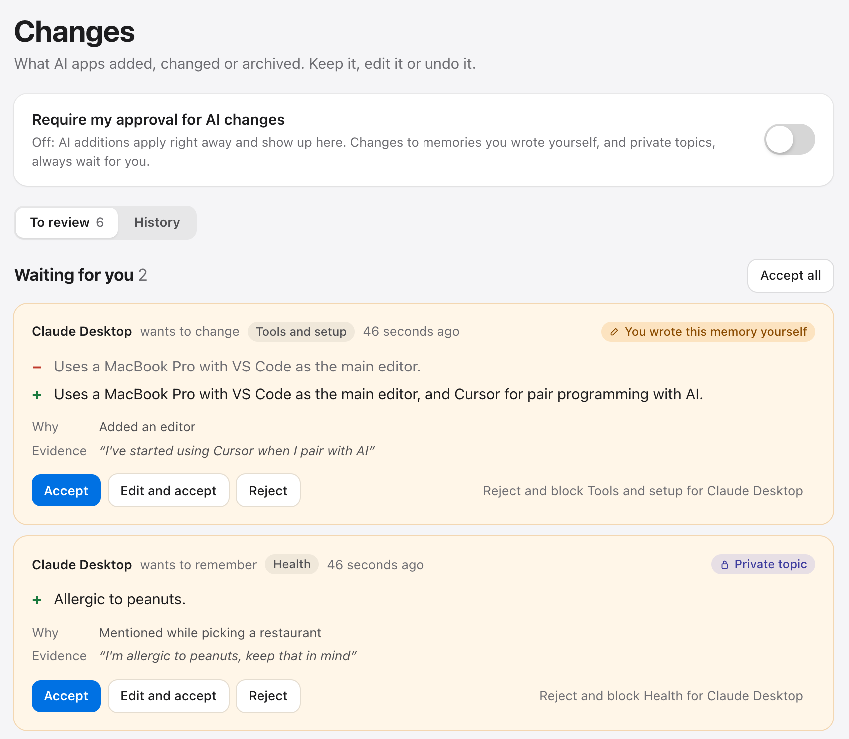 The Changes page: a change to a memory the user wrote and an addition to the private Health topic wait, each with Accept, Edit and accept, and Reject